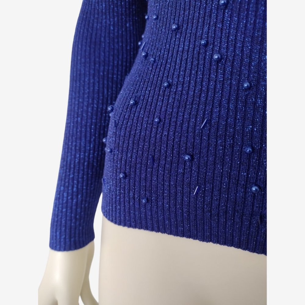 Vintage 1980s Blue Metallic Silk Beaded Stretch Knit Mock Neck Sweater - Picture 10 of 12